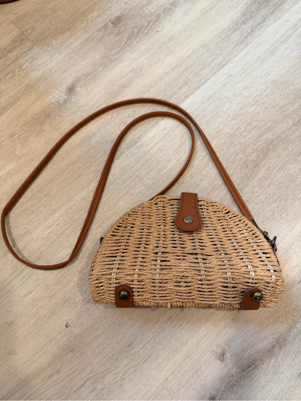 Vintage Woven Straw Half Moon Crossbody Bag Floral Lined